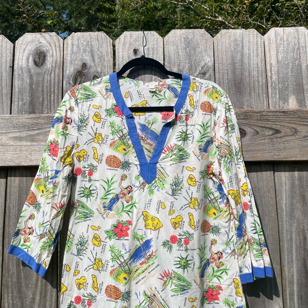 J. Crew White Hawaiian Print Tunic with Blue Trim - Picture 3 of 9